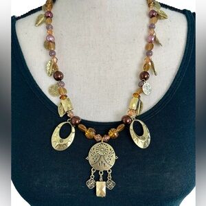 💛Beaded Long Necklace with Brass Tone Pendant & Charms